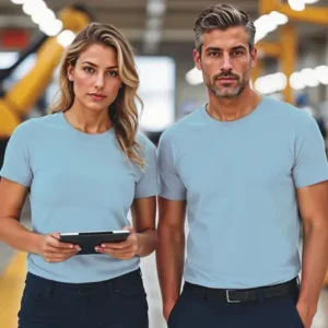 Casal com camisetas azuis em estúdio